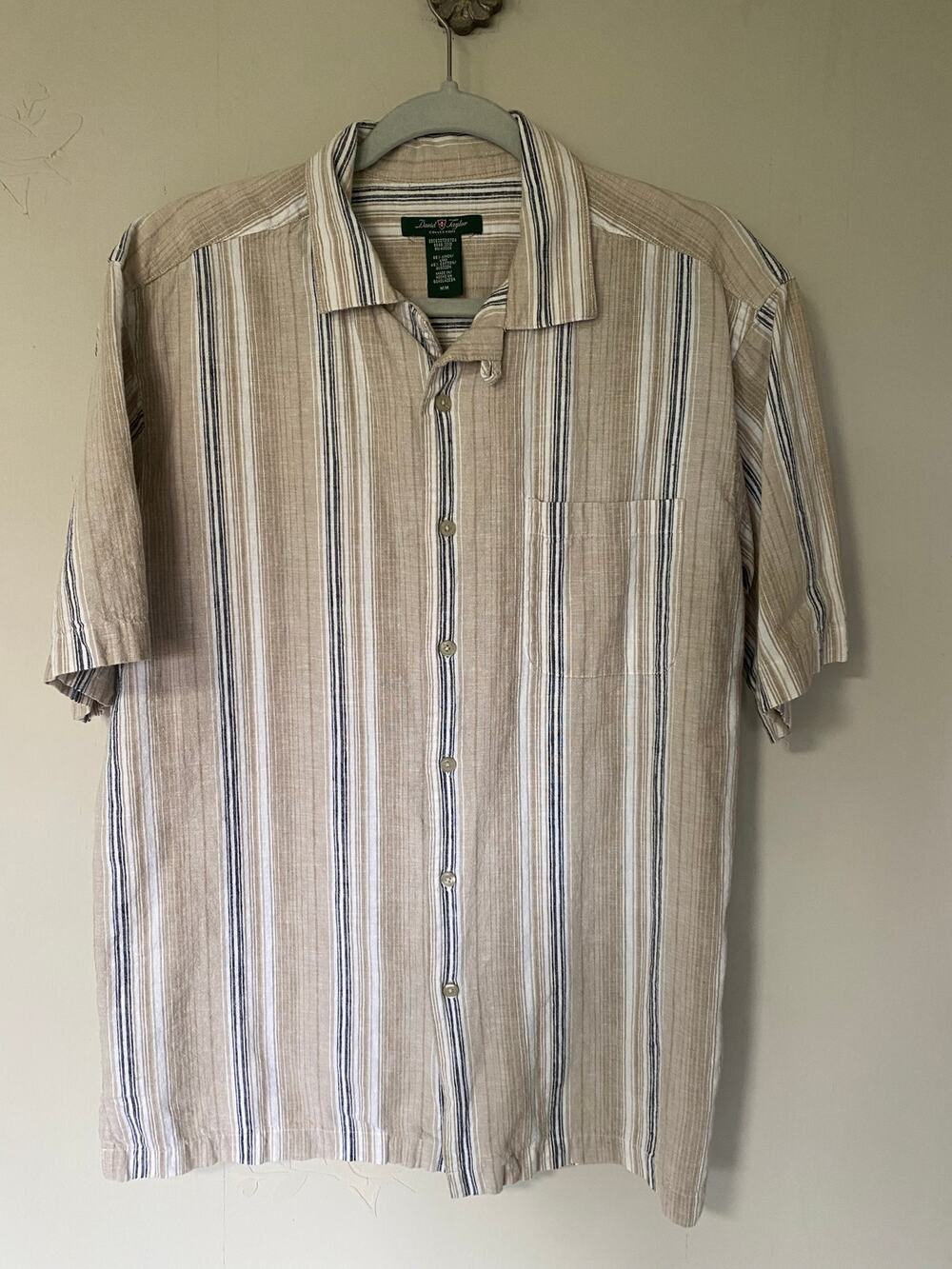 David Taylor Collection Stripe Linen Cotton Camp Shirt Casual Summer Medium